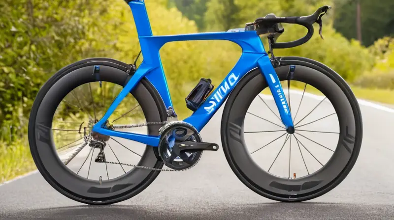 Bicicleta de carbono elegante y ligera, con diseño aerodinámico, componentes Shimano y gráficos vibrantes, en un entorno natural