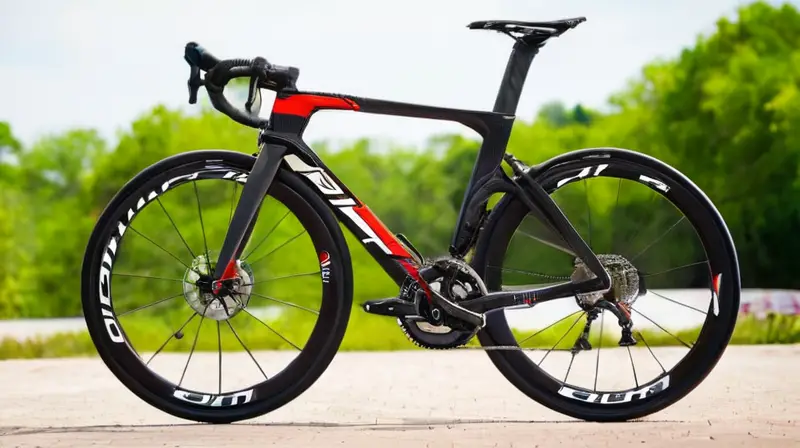 Bicicleta de diseño aerodinámico en negro mate con detalles en rojo y blanco, equipada con componentes Shimano de alto rendimiento y un acabado elegante en un entorno natural