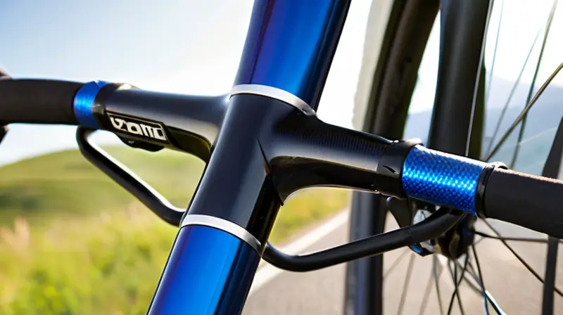 Bicicleta de carretera de alto rendimiento con diseño aerodinámico, acabado negro brillante y detalles en azul, ligera y elegante, lista para la acción