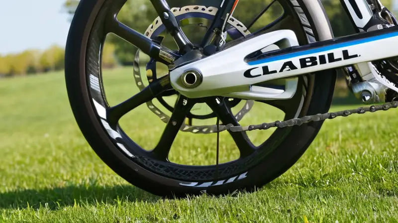 Bicicleta de carbono con diseño aerodinámico, acabados en negro brillante y detalles de alto rendimiento