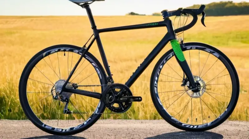 Bicicleta de carbono negra con detalles brillantes y un entorno natural armonioso