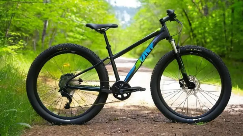 Bicicleta de aluminio negra con detalles verdes, diseñada ergonómicamente y equipada para terrenos irregulares, en un entorno natural