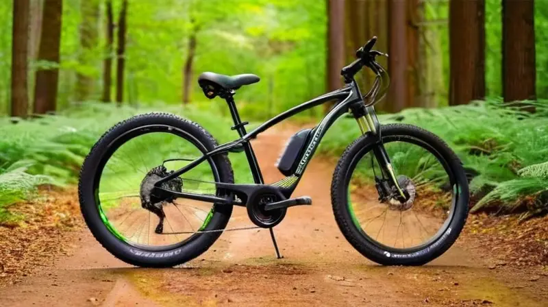 Una bicicleta de aluminio negra con detalles verdes, suspensión robusta, neumáticos anchos y un diseño elegante, ideal para aventuras al aire libre