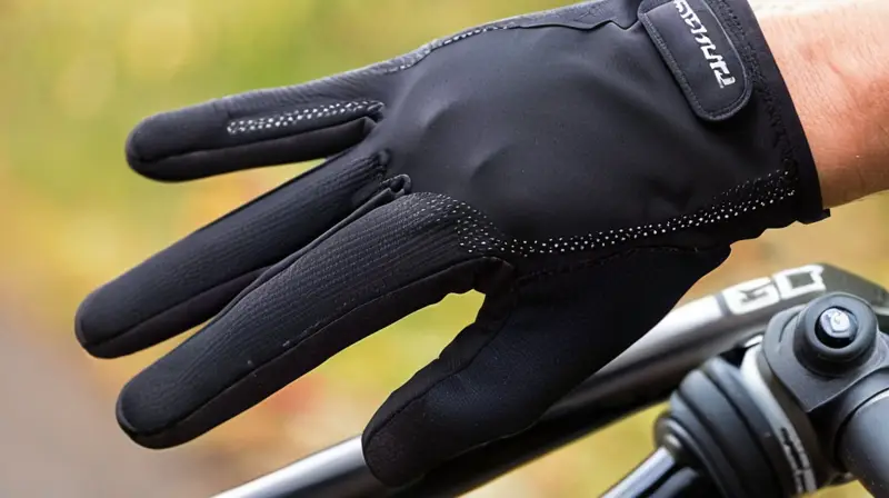 Guantes de ciclismo largos y negros, con material Gore-Tex, ajuste ergonómico, palmas acolchadas y detalles para pantallas táctiles, en un entorno exterior con luz natural