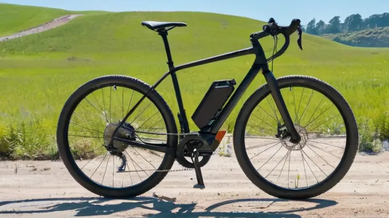 Una bicicleta eléctrica de grava negra mate, con neumáticos anchos, sistema de engranajes brillante y detalles que invitan a la aventura en un paisaje de colinas bajo un cielo azul
