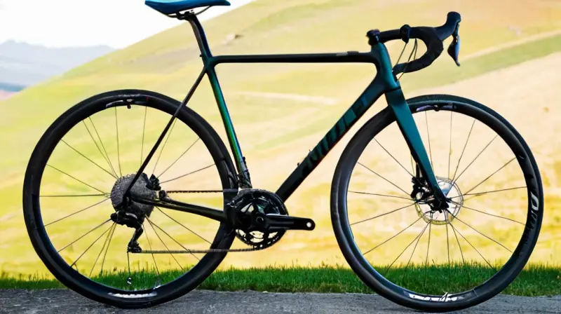 Bicicleta de gravel elegante con cuadro negro mate, componentes Shimano GRX Di2, y detalles que invitan a la aventura