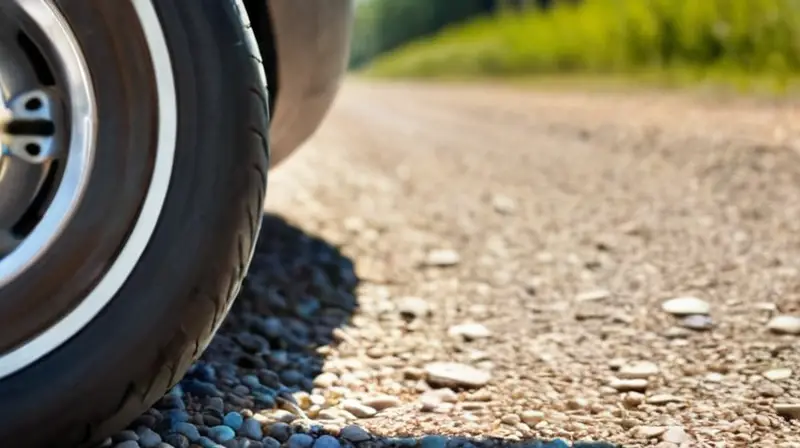 Una llanta de grava robusta con patrones de banda de rodadura profundos y detalles realistas, situada en un camino de grava bajo un cielo azul
