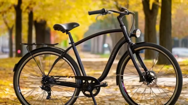 Bicicleta de aluminio elegante y ligera con acabado negro mate, detalles refinados y un entorno urbano vibrante
