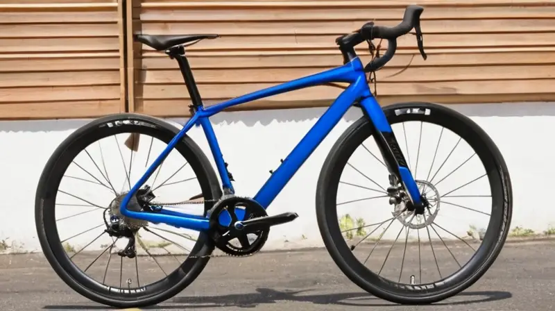 Bicicleta urbana moderna con marco de aluminio negro mate, detalles azules vibrantes y diseño ergonómico