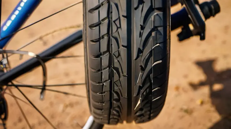 Una bicicleta con su llanta en primer plano, un cartucho de CO2 y una bomba junto a ella, todo iluminado por la luz de la mañana en un banco de trabajo