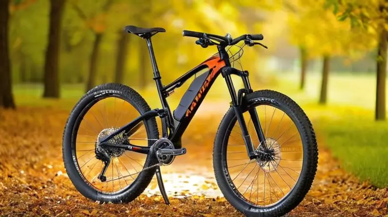 Bicicleta de aluminio negro mate con detalles naranjas, suspensión robusta, frenos de disco hidráulicos y diseño ergonómico