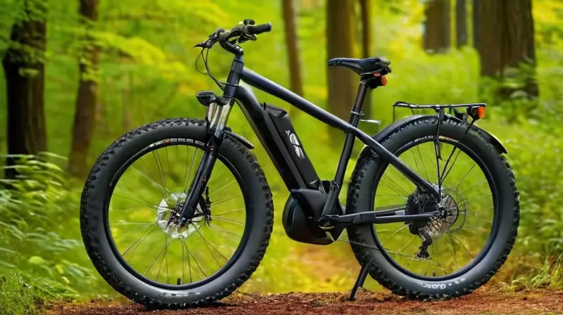 Bicicleta eléctrica de diseño elegante y robusto, con detalles artesanales y un entorno natural vibrante