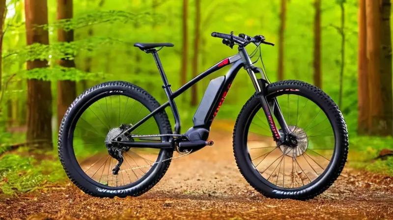 Bicicleta de montaña de alto rendimiento con marco negro mate, construcción robusta, detalles en rojo, neumáticos grandes y profundos, motor potente y diseño ergonómico, lista para la acción en un sendero natural