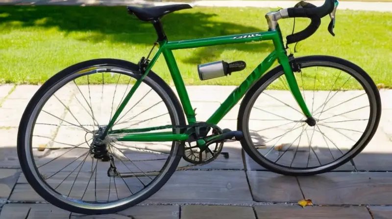 Un candado de bicicleta Kryptonite negro mate descansa sobre una mesa de madera, iluminado suavemente por la luz natural, mientras un marco de bicicleta verde brilla al fondo