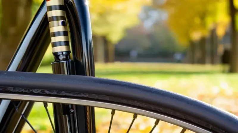 Un robusto candado de bicicleta en forma de U, negro brillante, con detalles intrincados y un fondo de bicicleta verde, evoca seguridad en un entorno natural