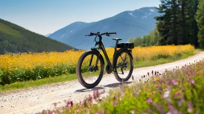 Una bicicleta eléctrica elegante y robusta está estacionada en un camino de grava