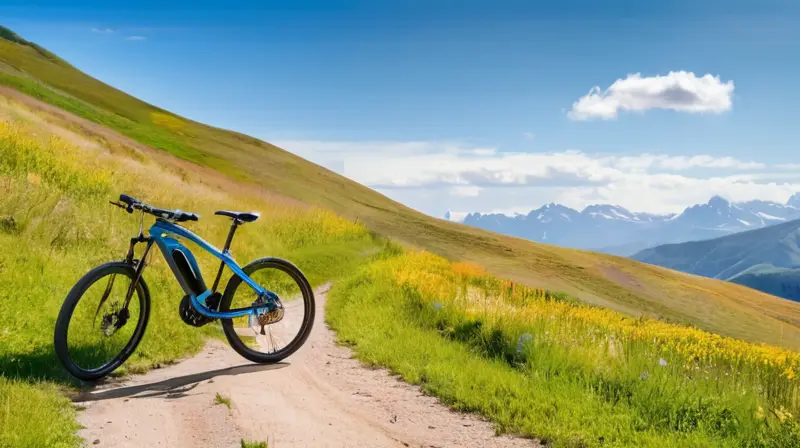 Un paisaje pintoresco con colinas doradas, un camino de tierra, una bicicleta eléctrica junto a un banco, y un ciclista pedaleando bajo un cielo azul