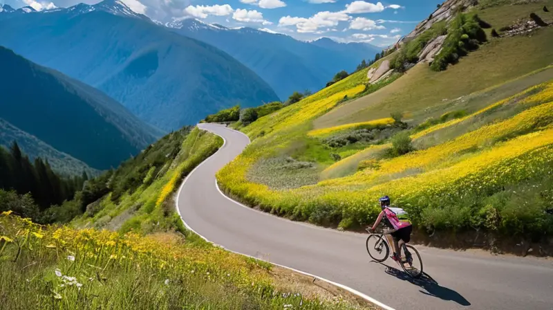Un camino montañoso serpenteante con ciclistas esforzándose entre paisajes verdes y flores vibrantes bajo un cielo azul