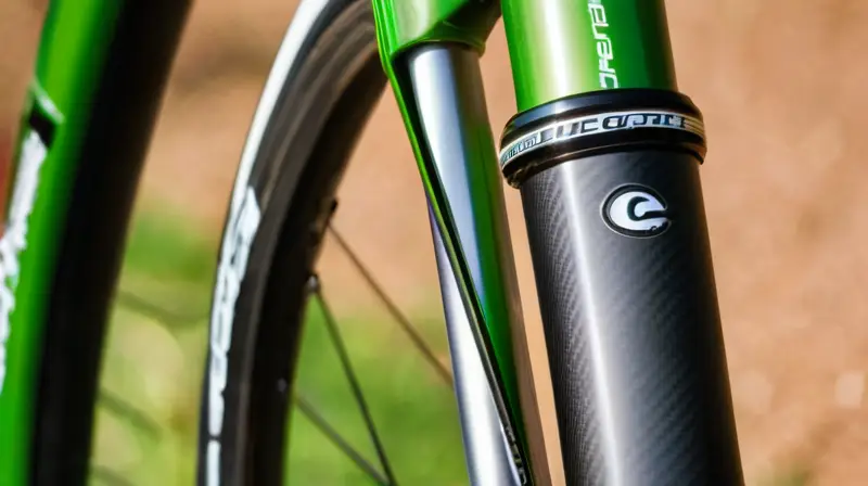 Una imagen detallada de una horquilla Cannondale Lefty con acabado metálico, fibra de carbono y diseño preciso en un entorno natural