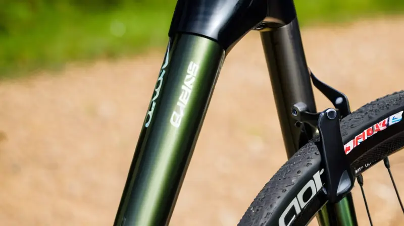 Una imagen detallada de una horquilla Cannondale Lefty en un sendero montañoso, destacando su acabado metálico y el entorno natural