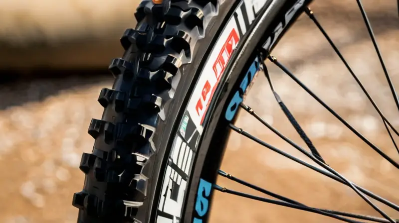 Una rueda de bicicleta de montaña de 29 pulgadas brilla con un acabado de aluminio pulido y un neumático negro rugoso, destacando detalles como el vástago de la válvula y el sellador, sobre un fondo de grava iluminado por la luz natural