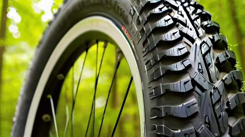 Una imagen detallada de una llanta de bicicleta de montaña con sellador fresco, sombras de árboles y un fondo borroso de un sendero forestal