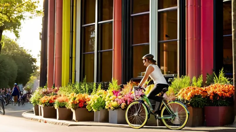 Una escena urbana vibrante con un ciclista en una Lopifit que destaca por su diseño único en una calle española llena de color y vida