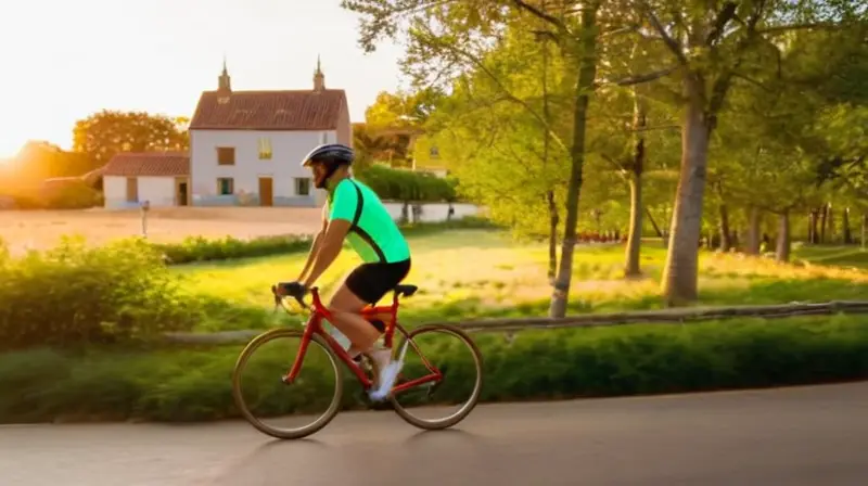 Una bicicleta Lopifit roja brilla bajo el sol en un parque pintoresco, mientras un ciclista con casco disfruta de la libertad y la aventura