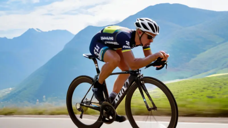 Una bicicleta de carreras aerodinámica y elegante, con un ciclista enérgico pedaleando en un paisaje escénico