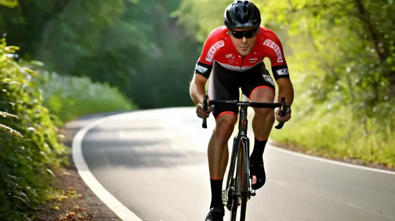 Una bicicleta de carreras negra brillante con detalles de Lotto Dstny y un ciclista enérgico pedaleando en un entorno natural