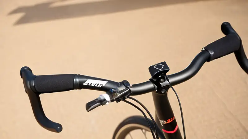 Manillar de bicicleta aerodinámico en negro mate, con textura de fibra de carbono y diseño ergonómico