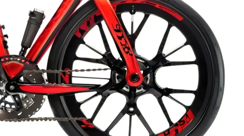 Rueda de carbono negra mate con detalles rojos, diseño aerodinámico y textura realista