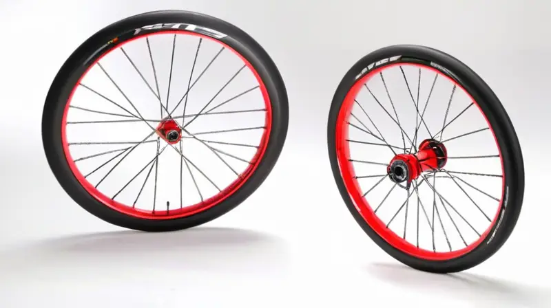 Juego de ruedas aerodinámico y elegante con llanta de aluminio pulido, detalles en rojo y un diseño que resalta su rendimiento