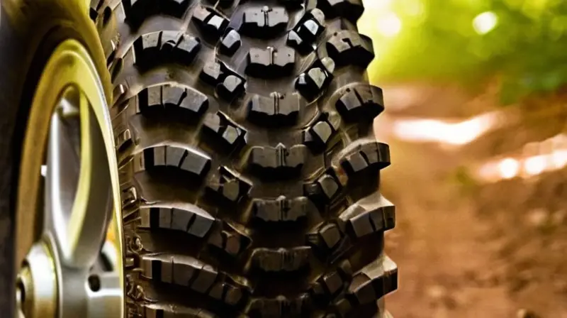 Una llanta de bicicleta de montaña robusta y detallada, con un fondo borroso de bosque que sugiere aventura