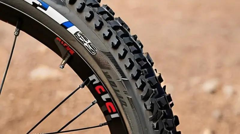 Un neumático de montaña robusto con diseño agresivo y detalles realistas que sugiere aventura al aire libre