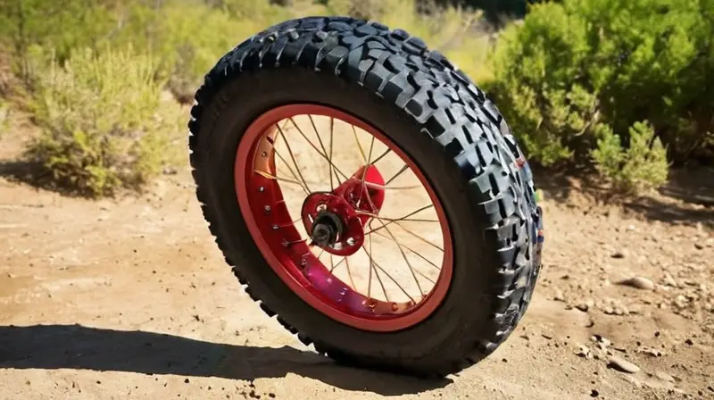 Una llanta de bicicleta de montaña robusta con un diseño agresivo y detalles que destacan su tracción y desgaste en un entorno natural