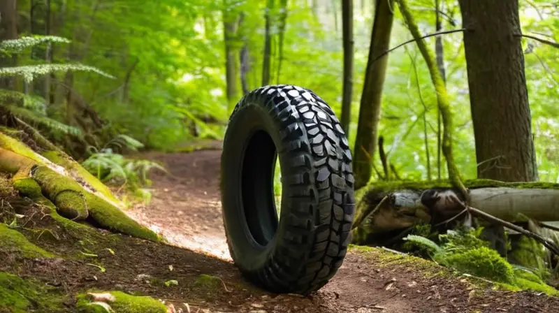 Un sendero montañoso con un neumático Maxxis Minion DHR destaca entre la vegetación iluminada por el sol