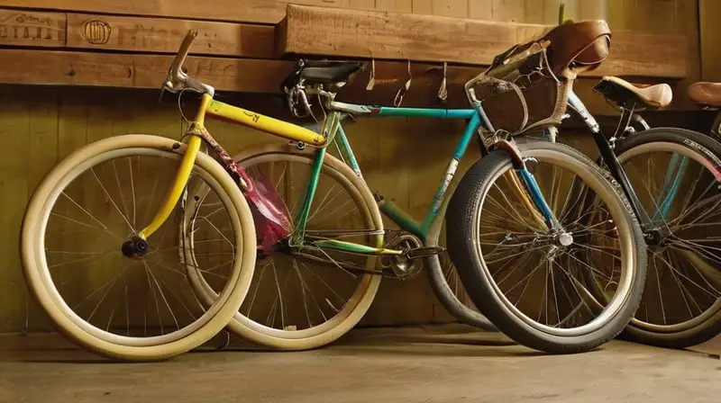 Una fila de bicicletas Megamo Jakar usadas brilla con colores vibrantes en un acogedor taller de bicicletas
