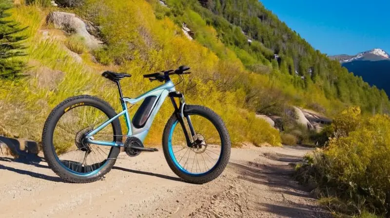 Una e-bike Megamo Ridon FS 22 de acabado negro mate y detalles plateados se destaca en un paisaje montañoso con vegetación verde y un cielo azul