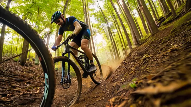 Una bicicleta de montaña aerodinámica y negra avanza velozmente por un terreno rugoso, mientras un ciclista sudoroso y concentrado pedalea con fuerza entre árboles iluminados por el sol