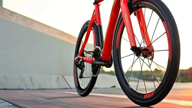 Una bicicleta de diseño aerodinámico y elegante, con detalles en negro brillante y acentos rojos, se destaca en un entorno urbano con iluminación cálida y un enfoque artístico