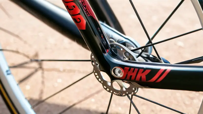 Bicicleta de aluminio elegante y aerodinámica, con detalles en negro mate y gráficos rojos y blancos, diseñada para velocidad y confort