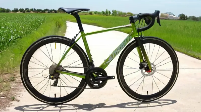 Bicicleta de aluminio elegante con componentes Shimano 105, diseño aerodinámico y acabados pulidos, en un entorno natural