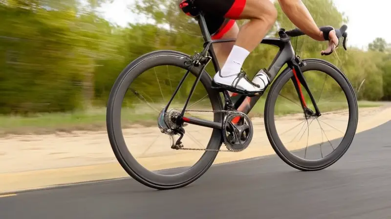 Bicicleta de carretera de alto rendimiento con cuadro de fibra de carbono, diseño aerodinámico y detalles en rojo