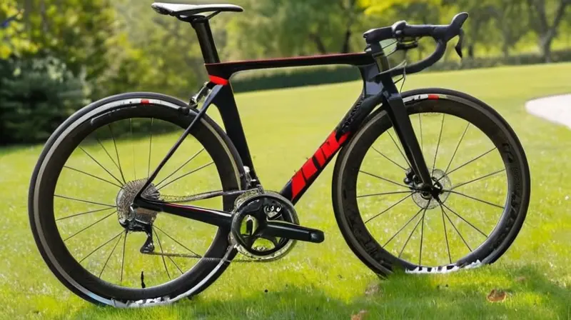 Bicicleta de diseño aerodinámico en carbono negro con detalles rojos, ligera y de alto rendimiento, que destaca por su geometría precisa y acabados meticulosos