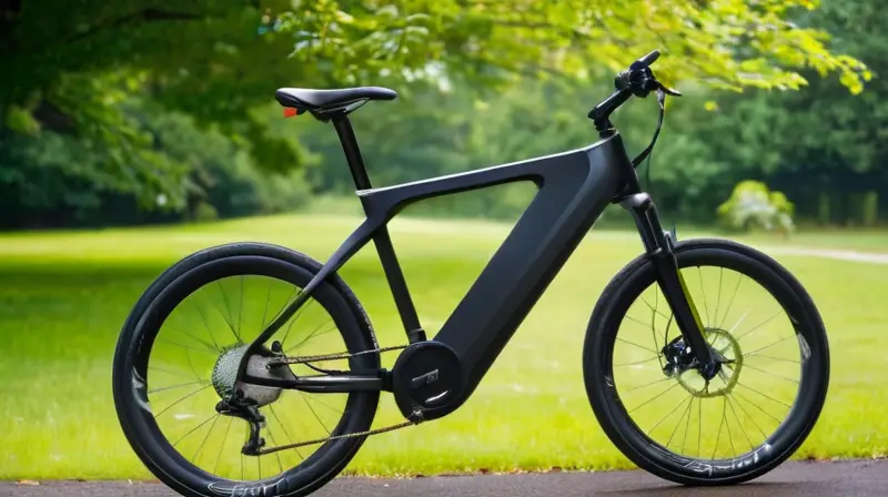 Bicicleta eléctrica de diseño aerodinámico en negro mate, con motor potente, batería compacta y detalles vibrantes