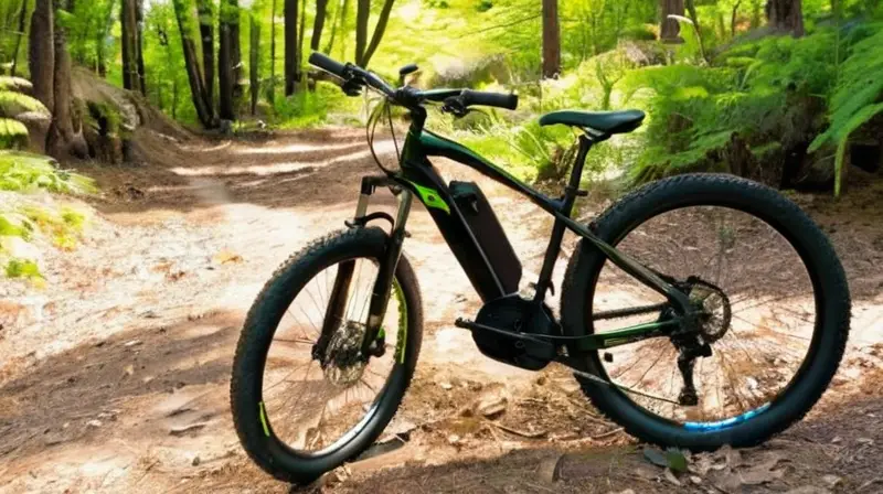 Bicicleta de montaña eléctrica elegante con marco de aluminio negro mate, detalles verdes vibrantes y diseño robusto ideal para aventuras al aire libre
