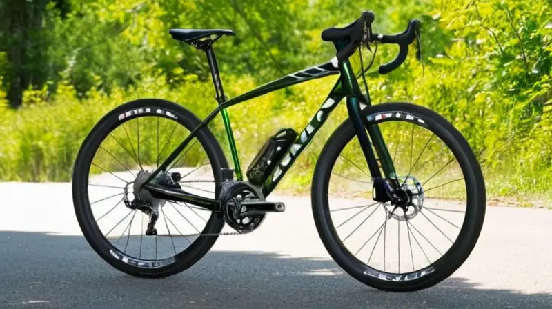 Bicicleta de carbono negra mate con detalles geométricos, suspensión robusta y neumáticos anchos, presentada en un entorno natural que evoca movimiento y aventura