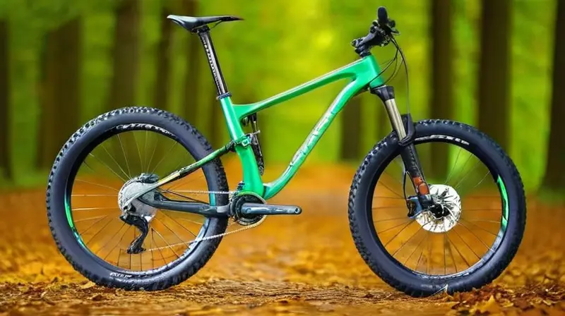 Bicicleta de aluminio negro mate con detalles verdes, suspensión robusta, neumáticos rugosos y frenos de disco, presentada en un entorno natural