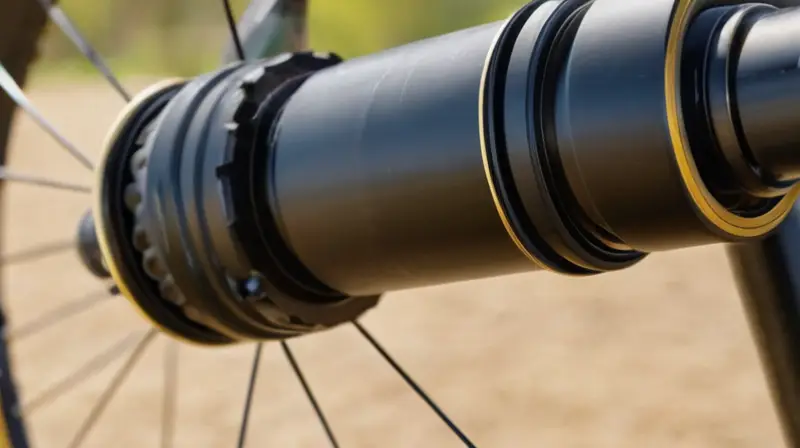 Un primer plano del amortiguador trasero de una bicicleta destaca su superficie metálica brillante